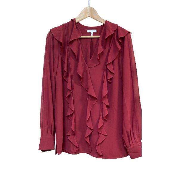 REISS ruffle front burgundy red long sleeve shirt size 4 - Picture 1 of 10